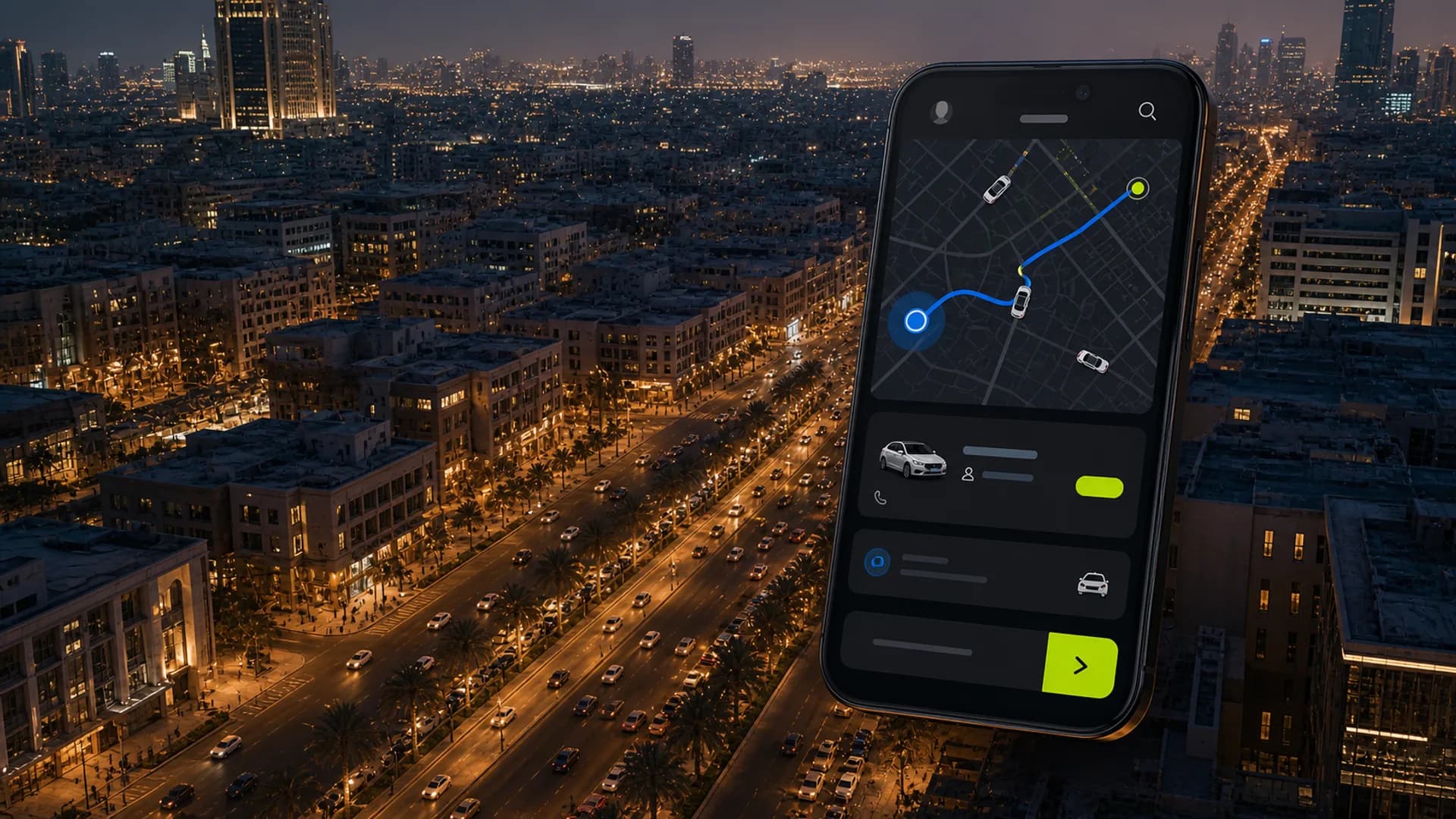 A dense city grid with car icons illustrating Didi-style ride-hailing density