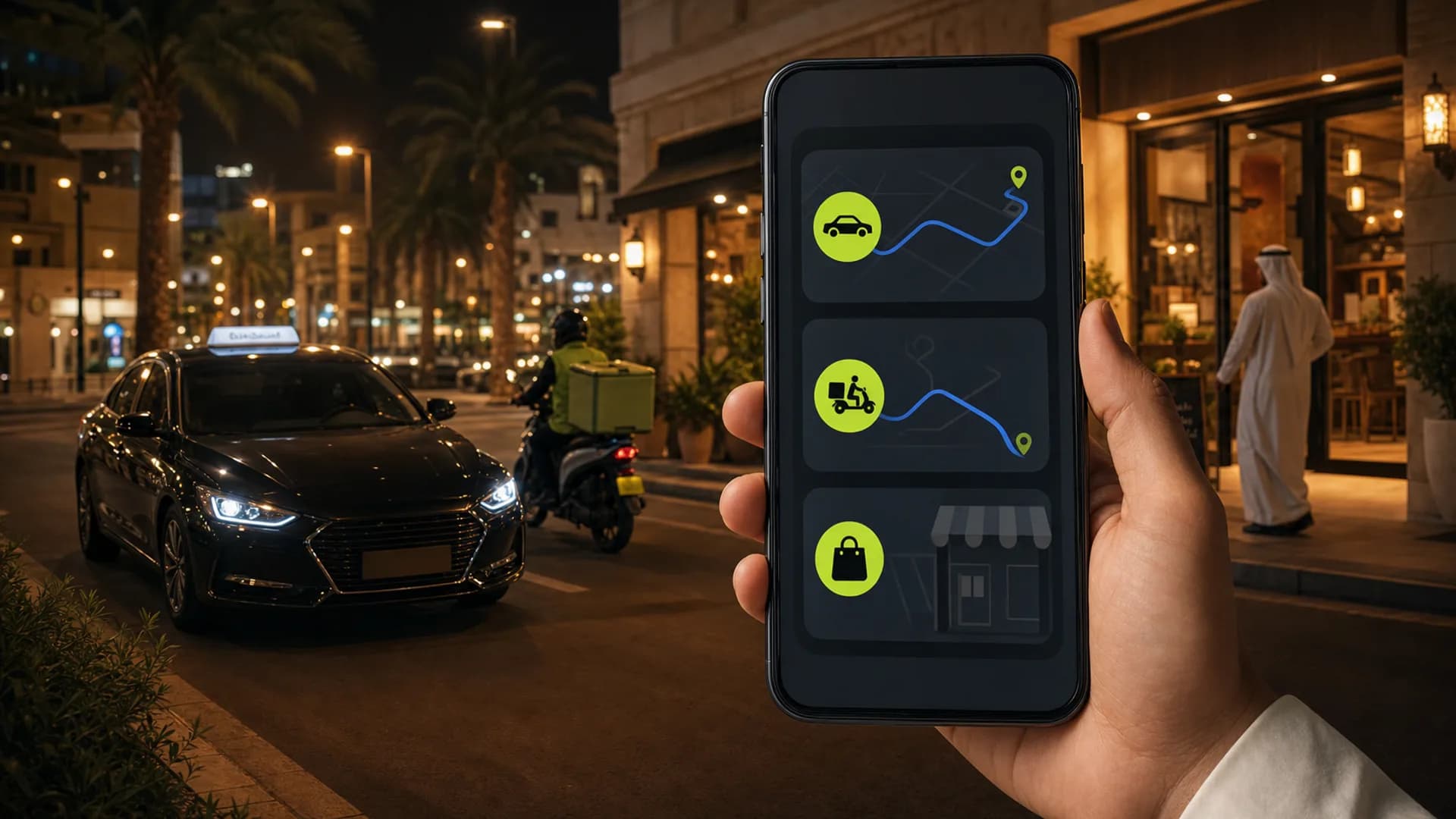 A phone showing the rides, delivery, and shops tabs of a Waslni super app
