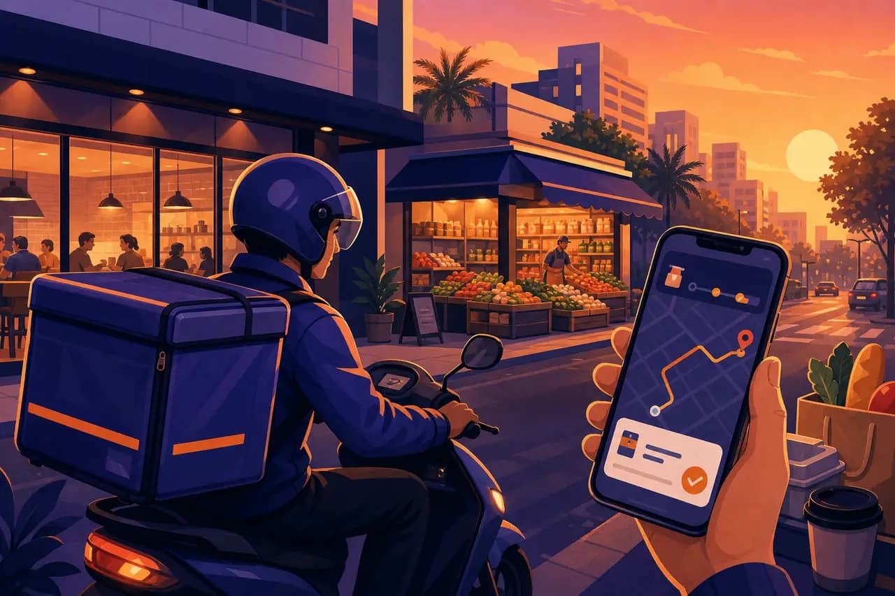 Local commerce delivery scene with food, shops, courier route, and super-app order flow