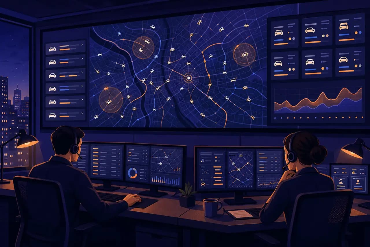 Night dispatch room with operators monitoring driver locations and live ride activity