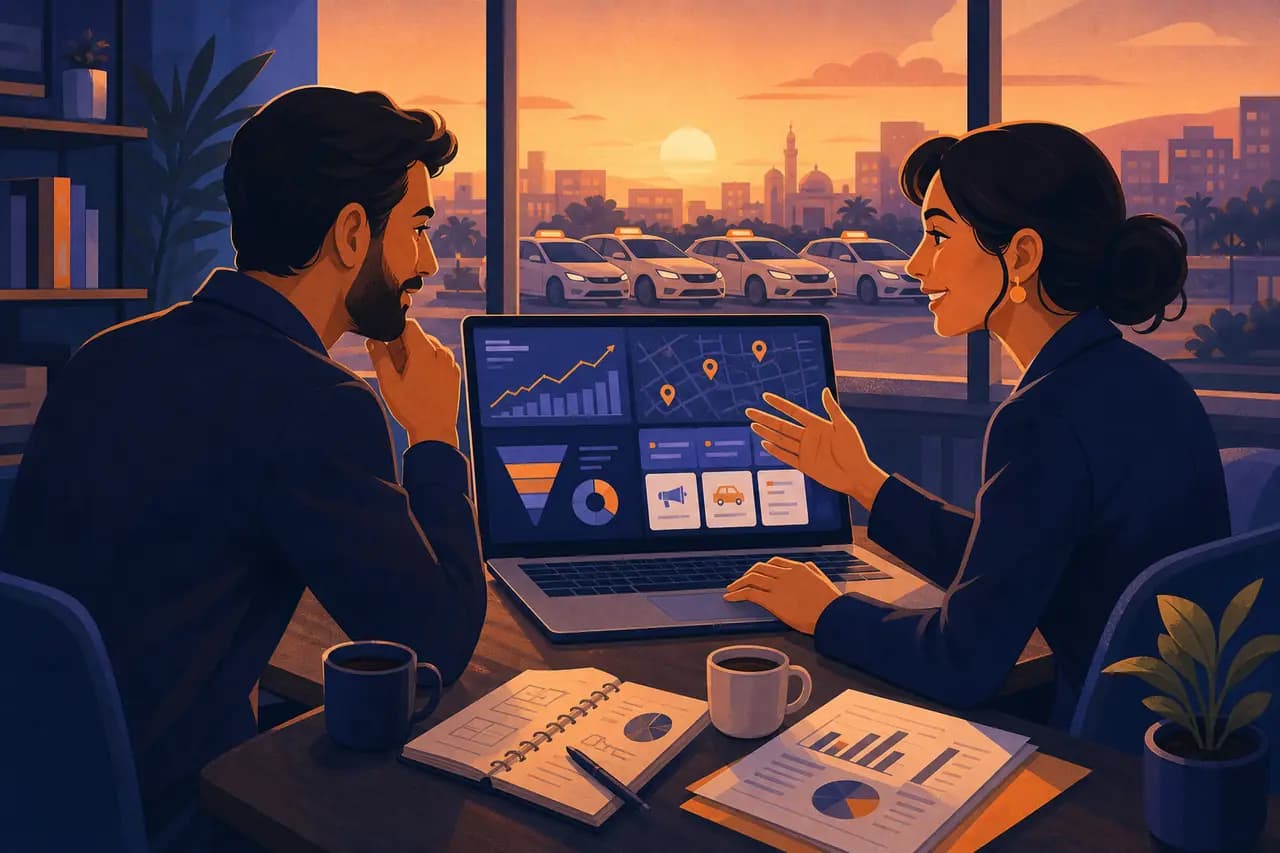 Ride-hailing founder and success manager reviewing launch dashboards, city pins, and growth plans