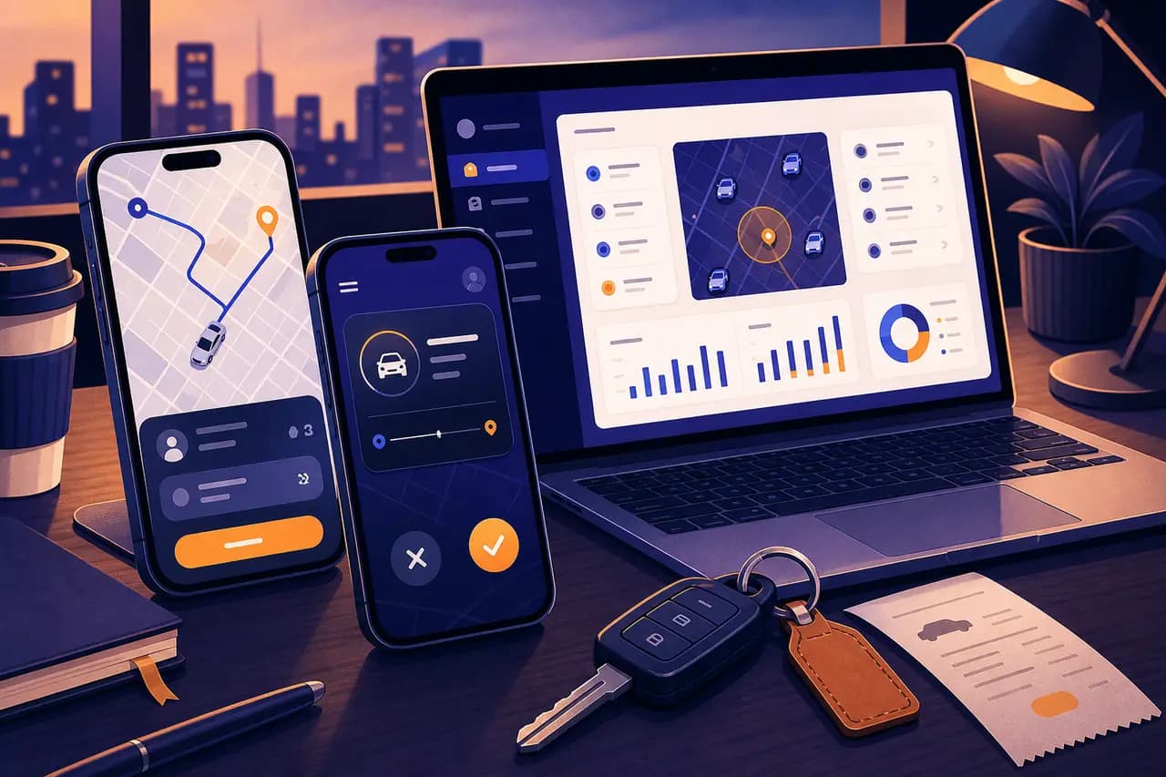 Rider phone, driver phone, and admin dashboard arranged as one white-label platform bundle