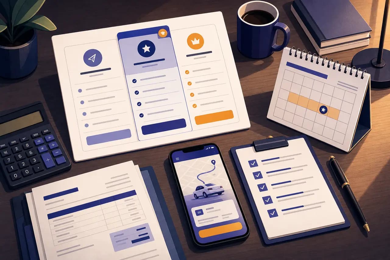 Pricing plan board, launch checklist, calendar, and demo phone on an operator desk