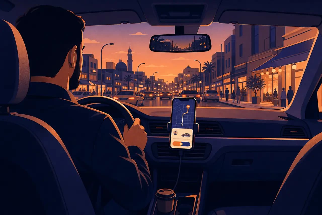 Driver view inside a ride-hailing car at dusk with a phone showing an active route