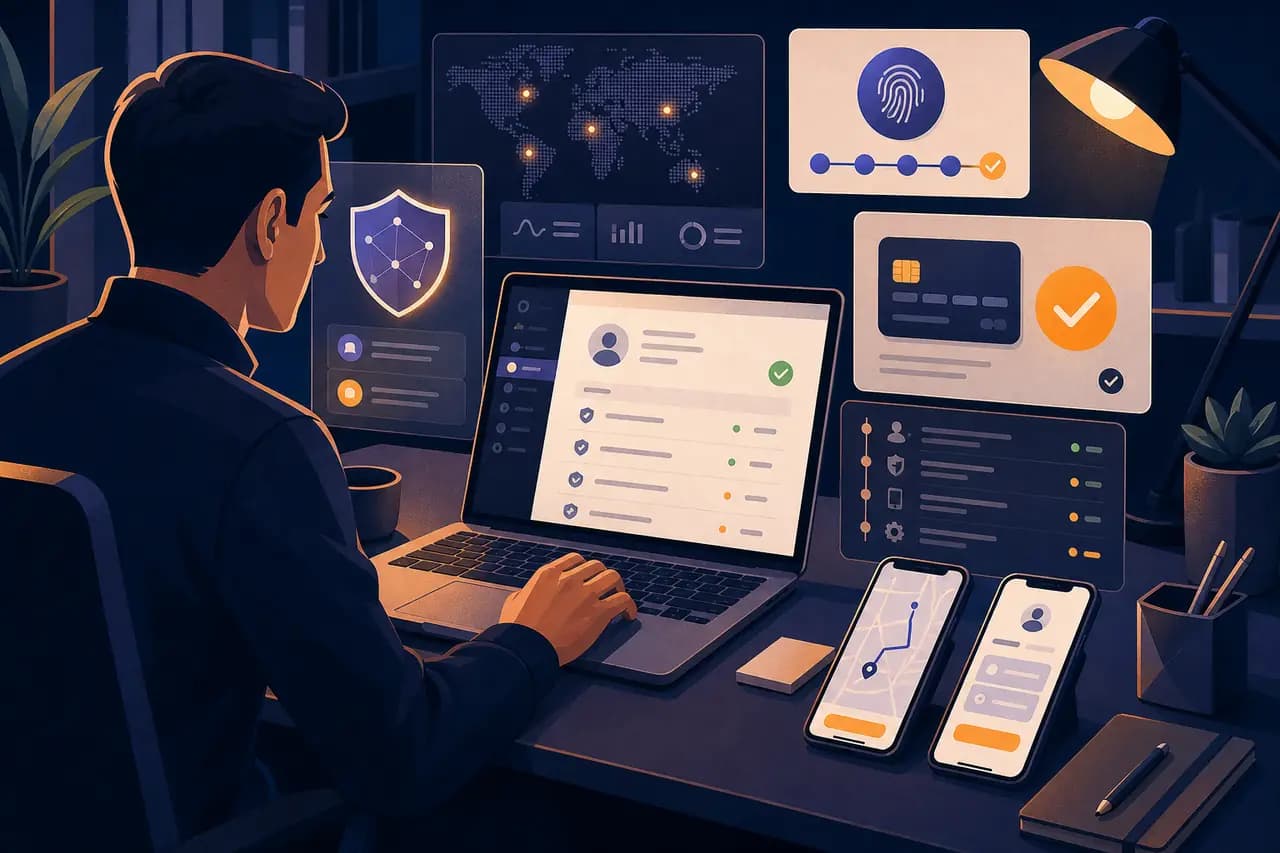 Platform operator reviewing passkey, audit, and payment security controls from a laptop