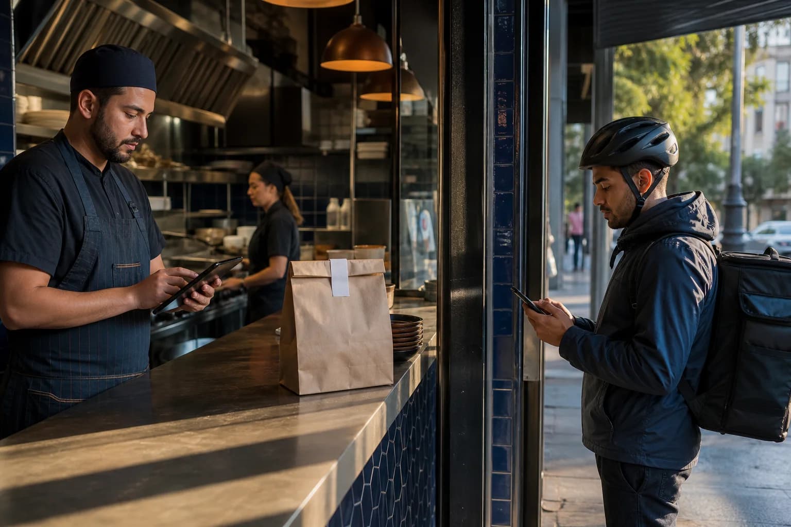 Restaurant order moving from preparation to courier pickup and live delivery tracking