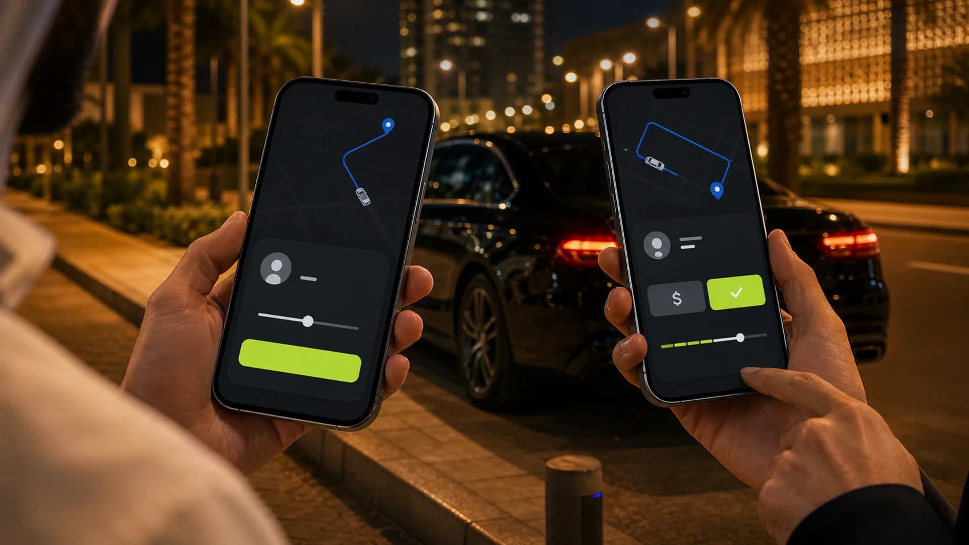 Two phones illustrating the inDrive-style fare-proposal flow