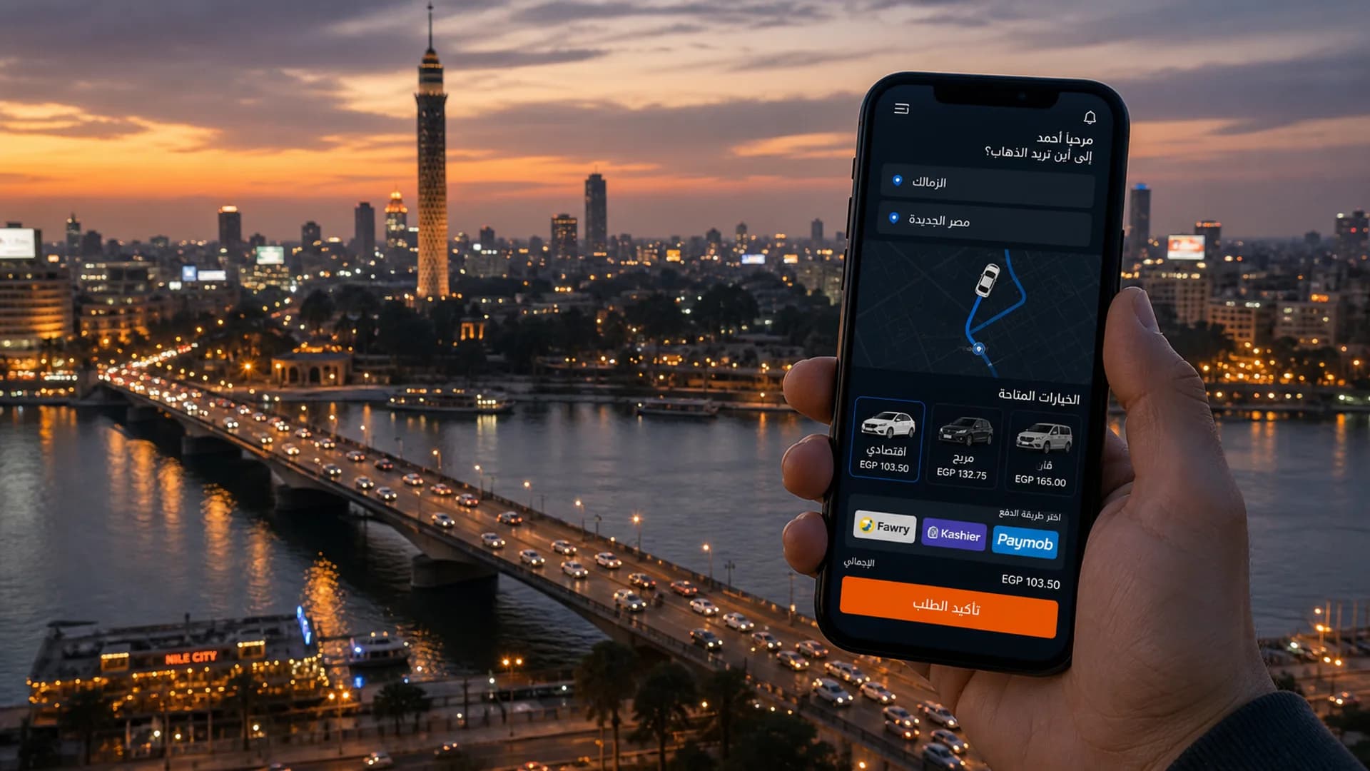 A Cairo cityscape at dusk with an Arabic Waslni rider app in the foreground