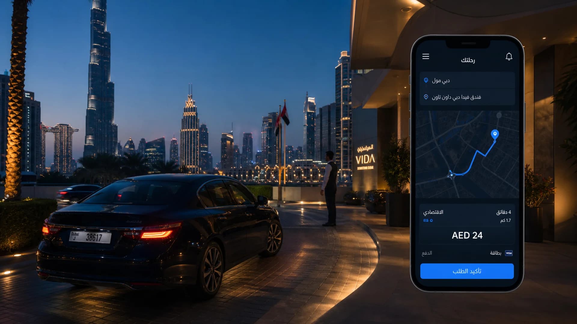 A Dubai blue-hour skyline with a modern sedan and an Arabic rider app