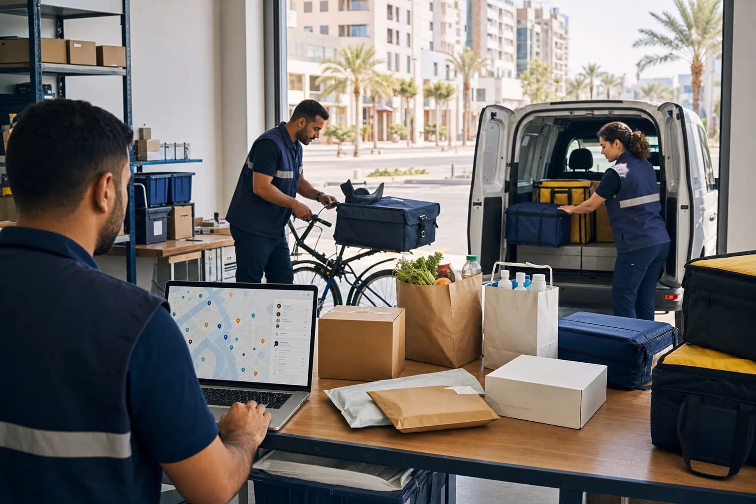 Local delivery business operator planning parcels, food, grocery, and pharmacy services